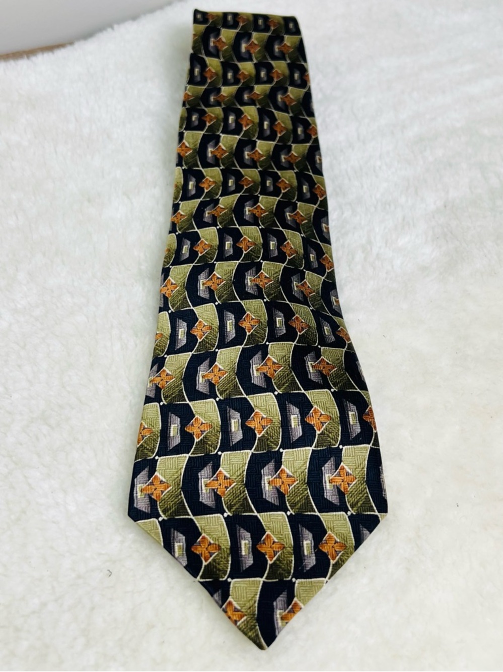 Valentino Classic Silk Tie with Olive Geometric Motif